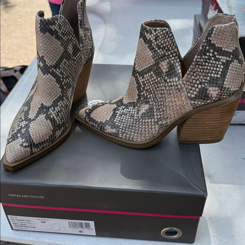 Vince Camuto Beige and Black Snake Pattern Booties